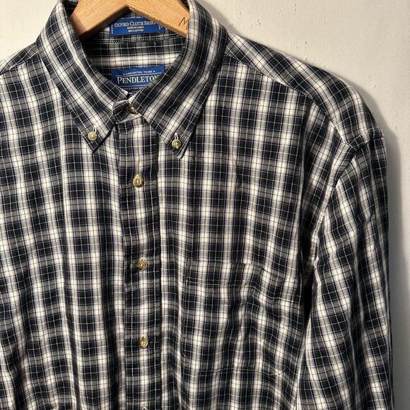 Pendleton Oxford Mens Plaid Black & White Green Long Sleeve Button Shirt Large - Picture 2 of 8